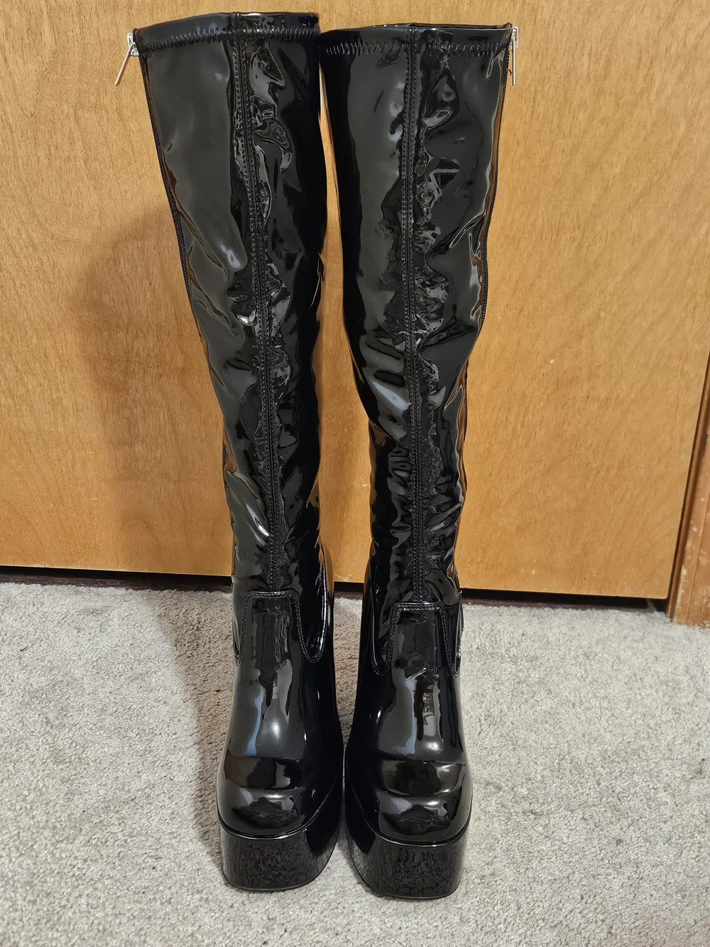 Patent Platform Knee-High Boots in Black